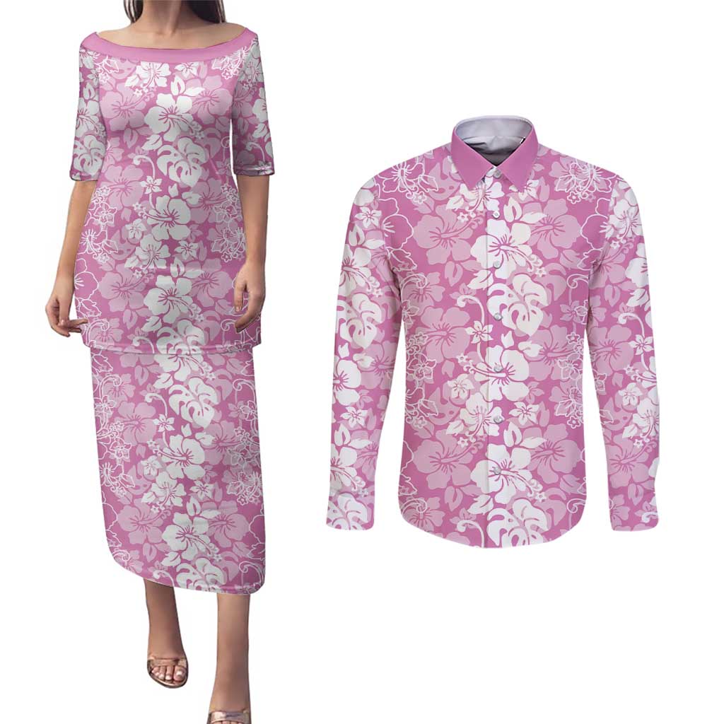 Hawaiian Lei Day Couples Matching Puletasi and Long Sleeve Button Shirt Pink Hibiscus Flowers Lei Art