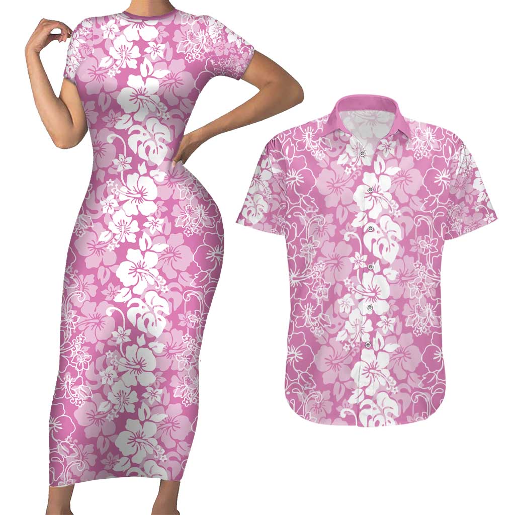 Hawaiian Lei Day Couples Matching Short Sleeve Bodycon Dress and Hawaiian Shirt Pink Hibiscus Flowers Lei Art LT9 Pink - Polynesian Pride