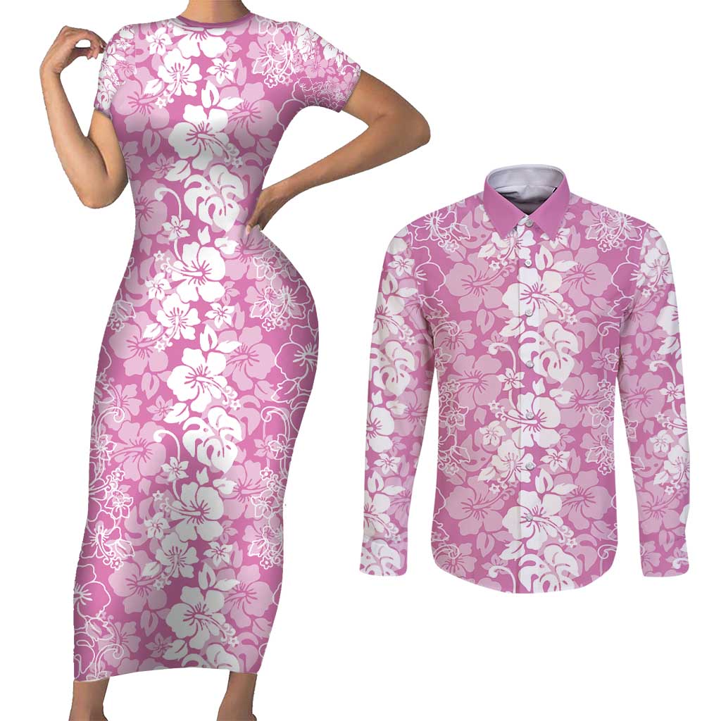 Hawaiian Lei Day Couples Matching Short Sleeve Bodycon Dress and Long Sleeve Button Shirt Pink Hibiscus Flowers Lei Art LT9 Pink - Polynesian Pride