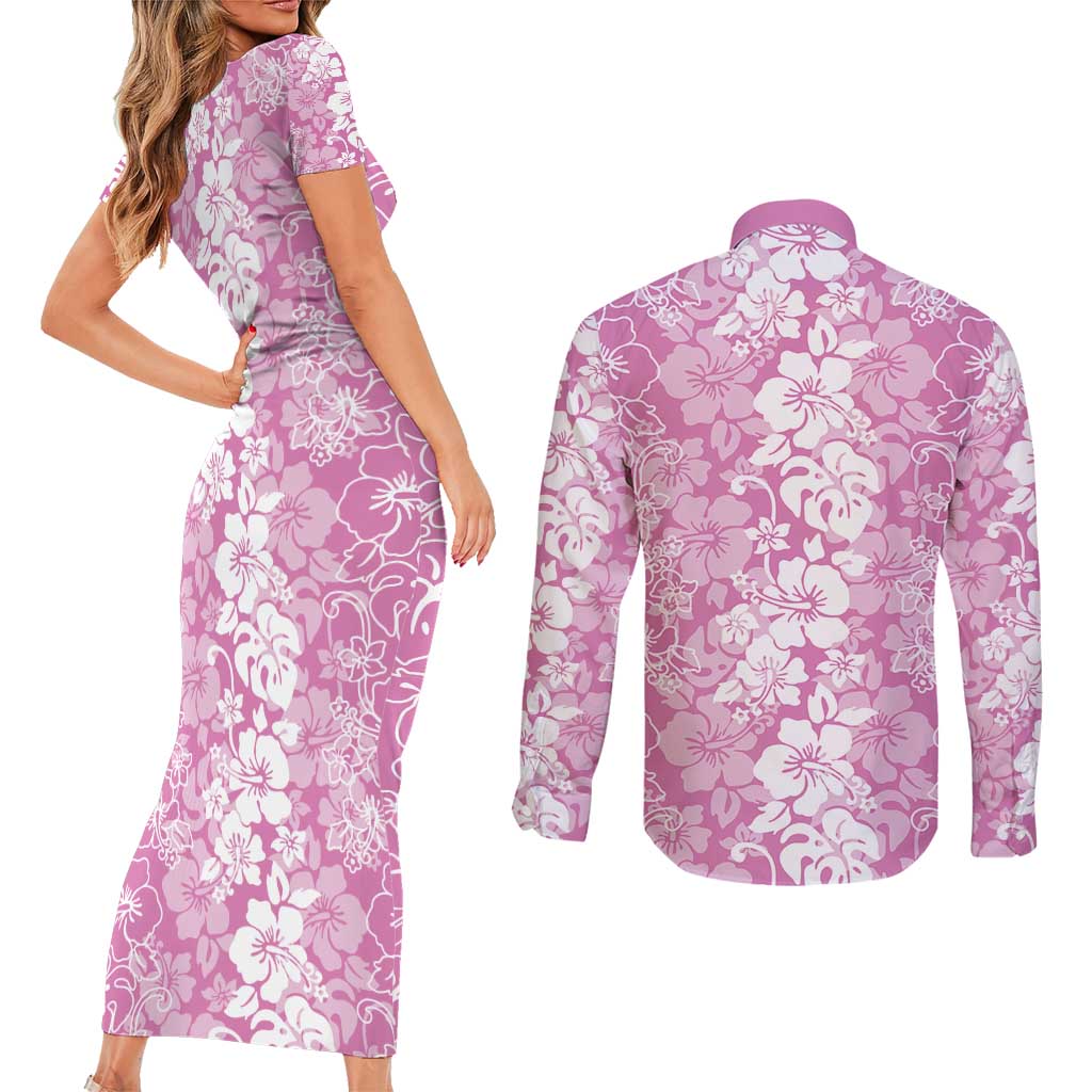 Hawaiian Lei Day Couples Matching Short Sleeve Bodycon Dress and Long Sleeve Button Shirt Pink Hibiscus Flowers Lei Art LT9 - Polynesian Pride