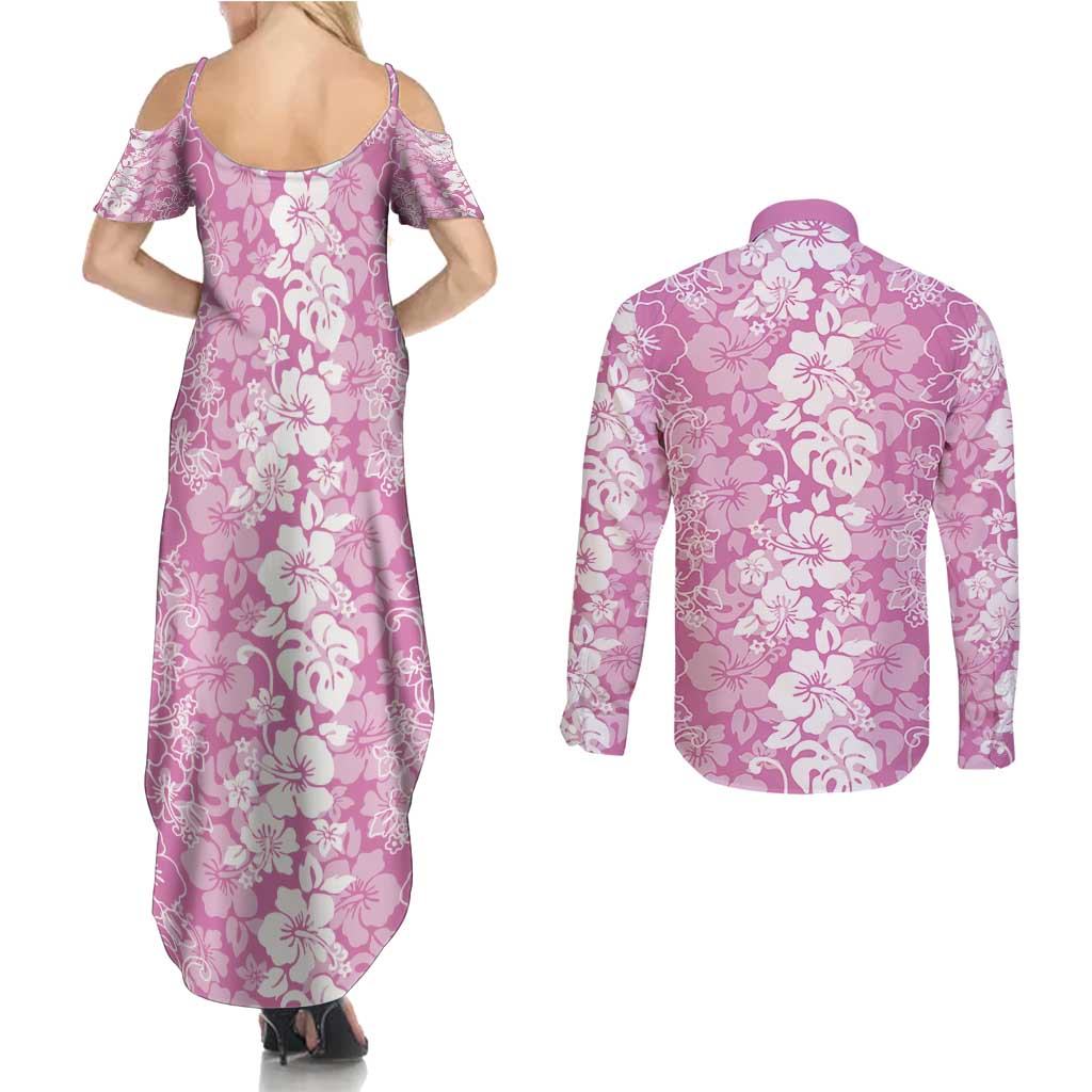 Hawaiian Lei Day Couples Matching Summer Maxi Dress and Long Sleeve Button Shirt Pink Hibiscus Flowers Lei Art