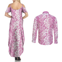 Hawaiian Lei Day Couples Matching Summer Maxi Dress and Long Sleeve Button Shirt Pink Hibiscus Flowers Lei Art