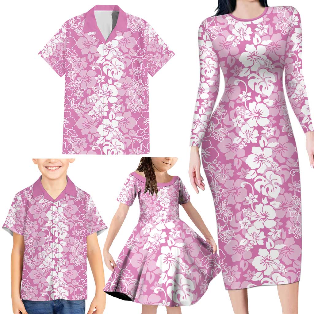 Hawaiian Lei Day Family Matching Long Sleeve Bodycon Dress and Hawaiian Shirt Pink Hibiscus Flowers Lei Art LT9 - Polynesian Pride