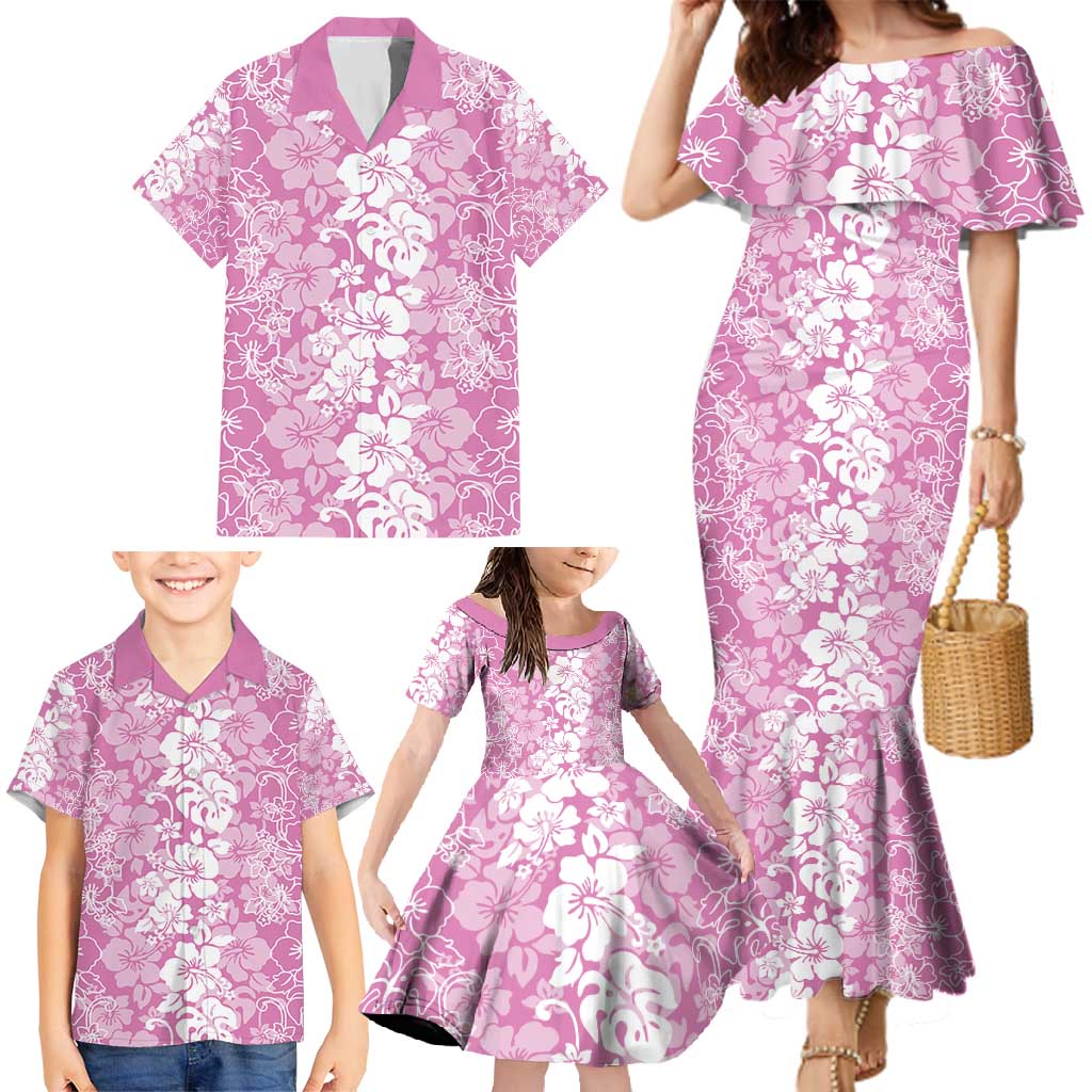 Hawaiian Lei Day Family Matching Mermaid Dress and Hawaiian Shirt Pink Hibiscus Flowers Lei Art LT9 - Polynesian Pride