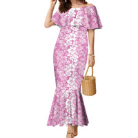 Hawaiian Lei Day Family Matching Mermaid Dress and Hawaiian Shirt Pink Hibiscus Flowers Lei Art LT9 Mom's Dress Pink - Polynesian Pride