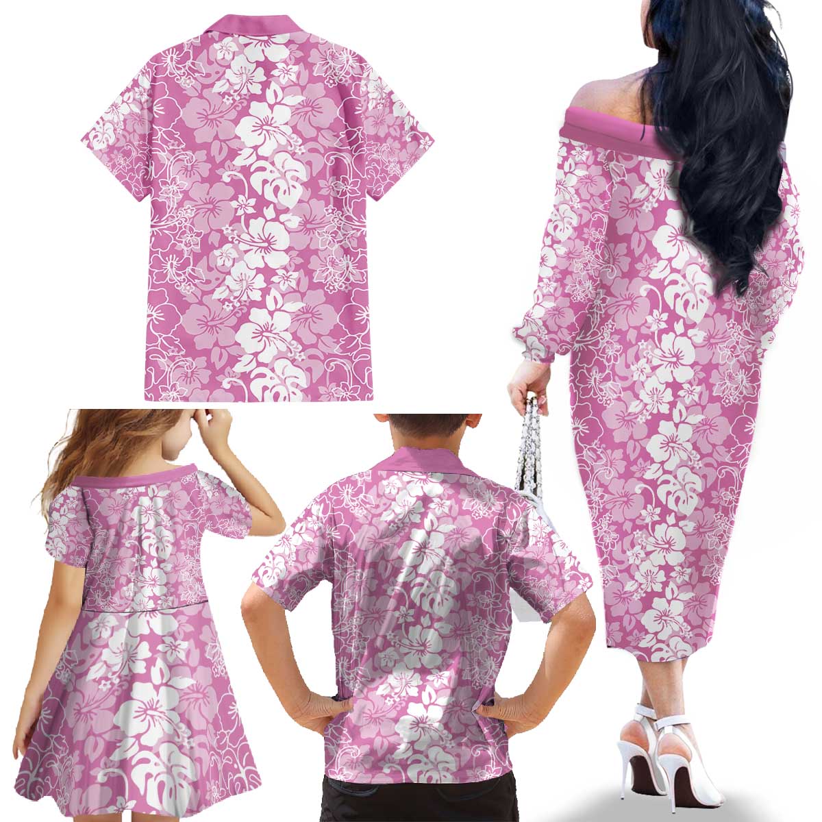 Hawaiian Lei Day Family Matching Off The Shoulder Long Sleeve Dress and Hawaiian Shirt Pink Hibiscus Flowers Lei Art LT9 - Polynesian Pride