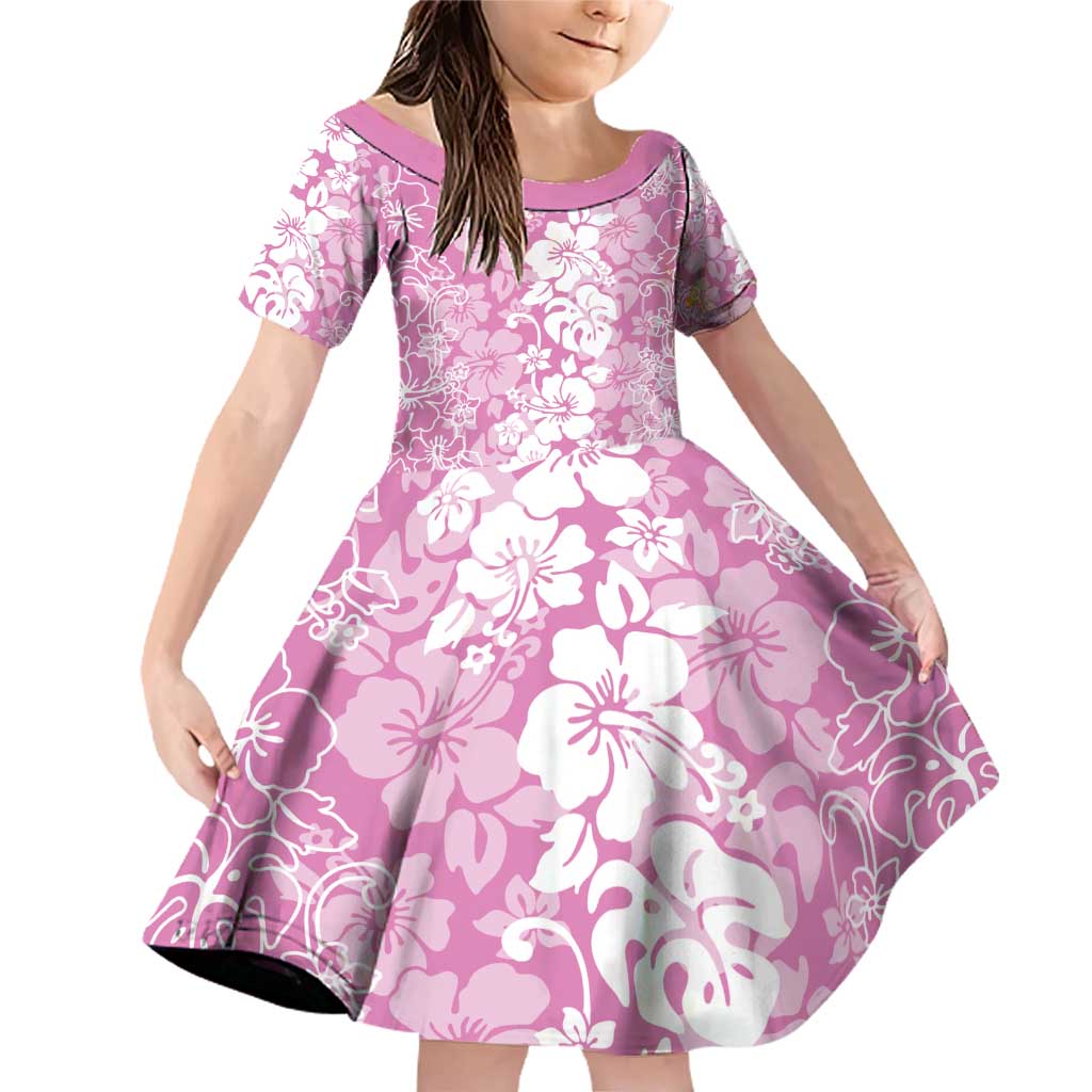 Hawaiian Lei Day Family Matching Off Shoulder Short Dress and Hawaiian Shirt Pink Hibiscus Flowers Lei Art LT9 Daughter's Dress Pink - Polynesian Pride