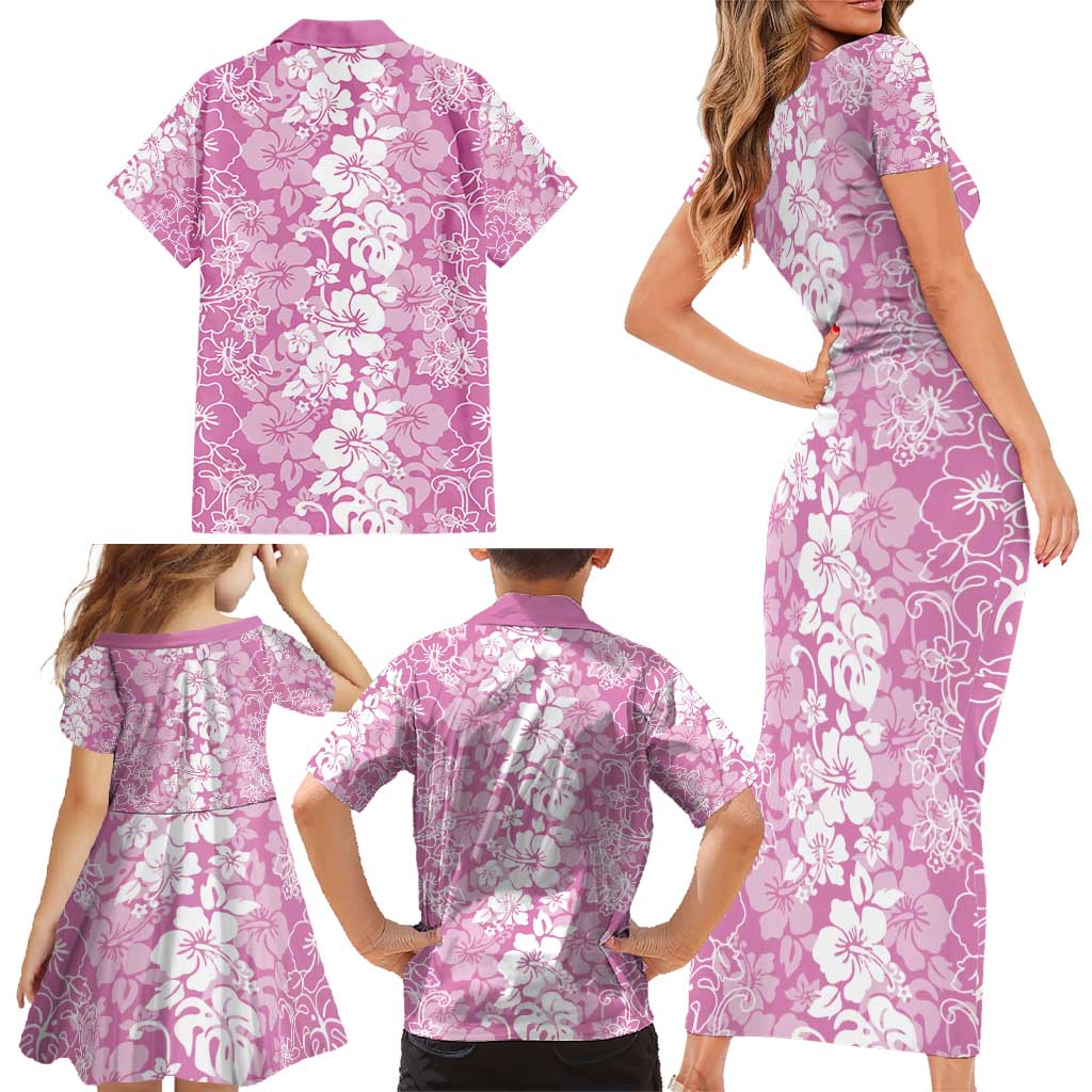 Hawaiian Lei Day Family Matching Short Sleeve Bodycon Dress and Hawaiian Shirt Pink Hibiscus Flowers Lei Art LT9 - Polynesian Pride