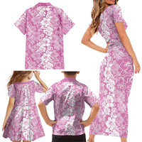 Hawaiian Lei Day Family Matching Short Sleeve Bodycon Dress and Hawaiian Shirt Pink Hibiscus Flowers Lei Art LT9 - Polynesian Pride