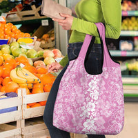 Hawaiian Lei Day Grocery Bag Pink Hibiscus Flowers Lei Art