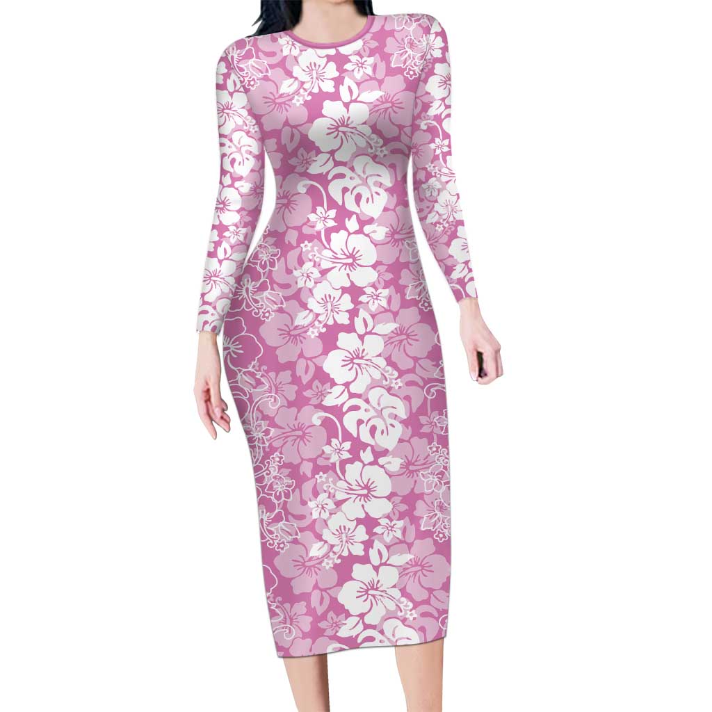 Hawaiian Lei Day Long Sleeve Bodycon Dress Pink Hibiscus Flowers Lei Art