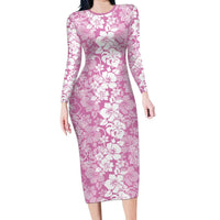 Hawaiian Lei Day Long Sleeve Bodycon Dress Pink Hibiscus Flowers Lei Art