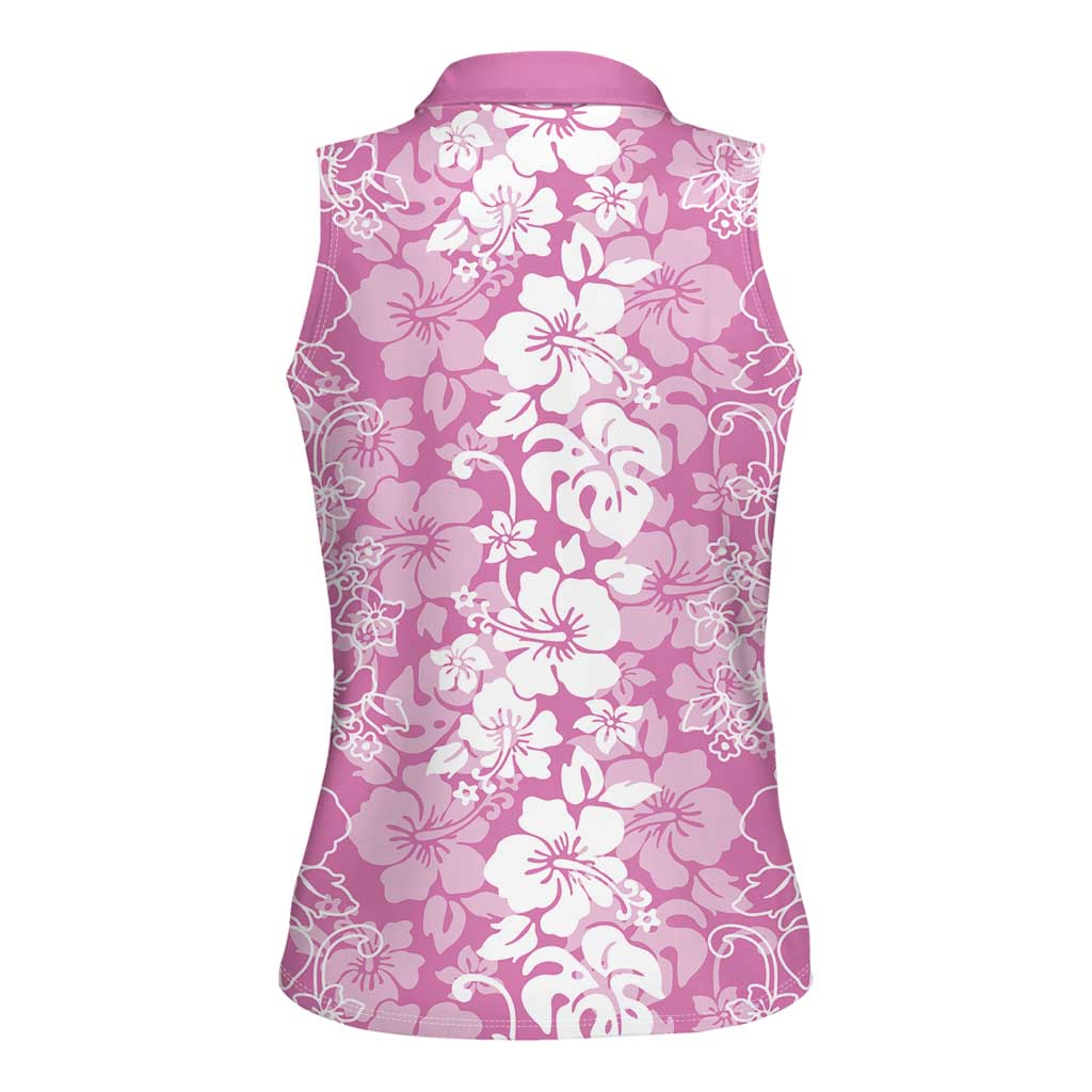 Hawaiian Lei Day Women Sleeveless Polo Shirt Pink Hibiscus Flowers Lei Art