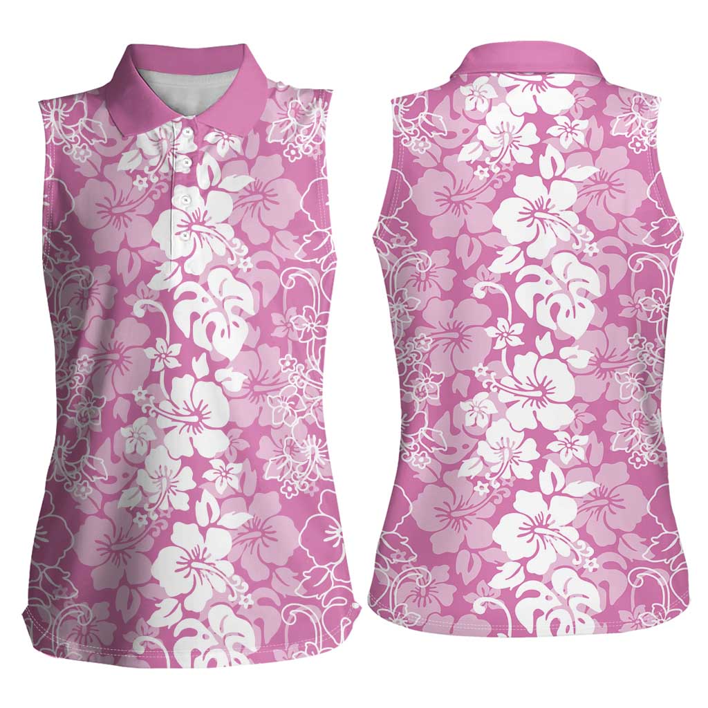 Hawaiian Lei Day Women Sleeveless Polo Shirt Pink Hibiscus Flowers Lei Art