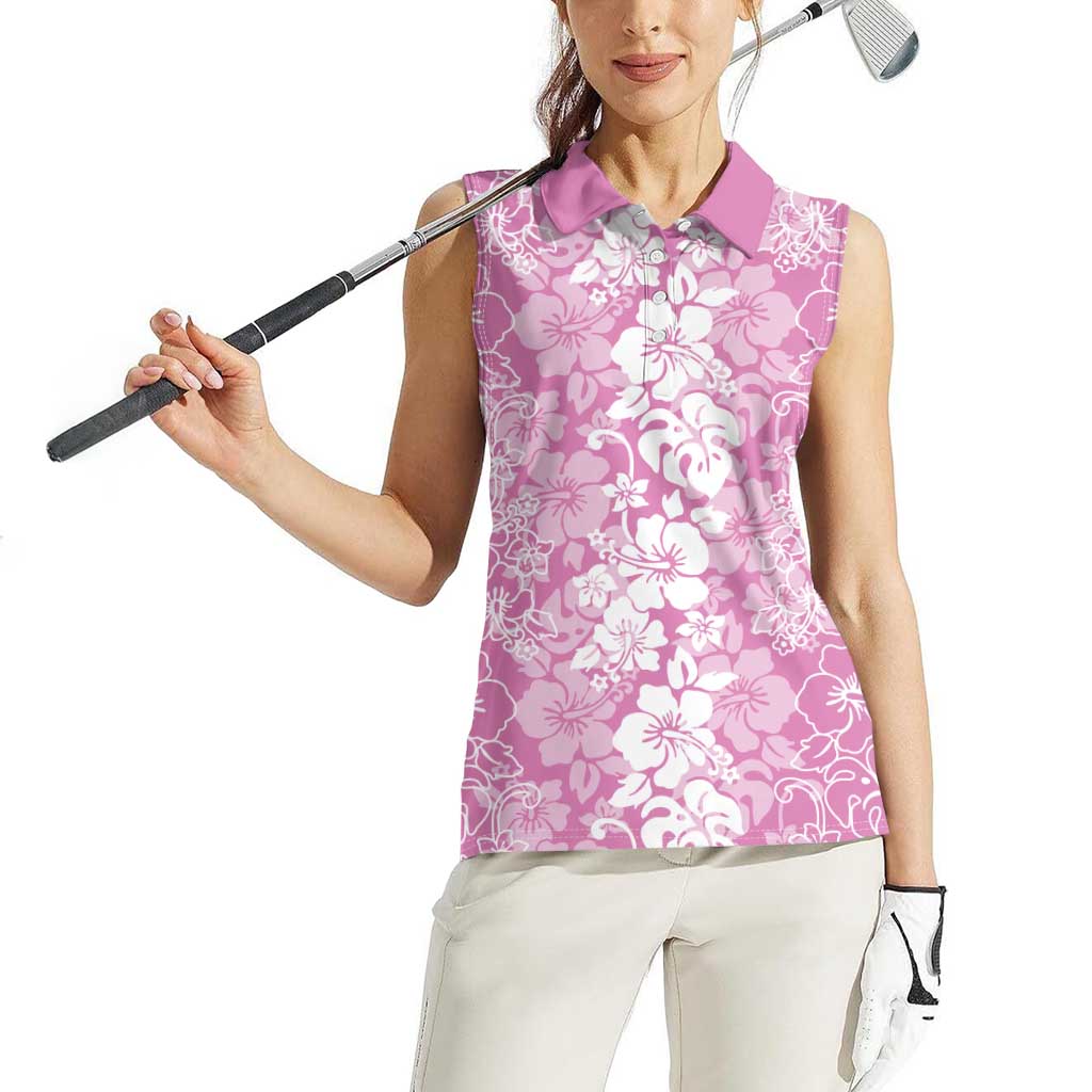 Hawaiian Lei Day Women Sleeveless Polo Shirt Pink Hibiscus Flowers Lei Art
