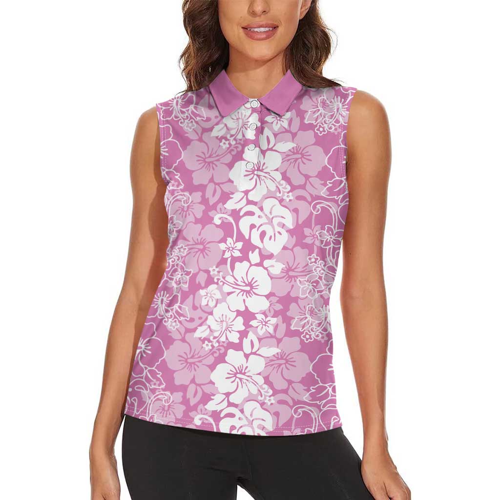 Hawaiian Lei Day Women Sleeveless Polo Shirt Pink Hibiscus Flowers Lei Art