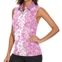 Hawaiian Lei Day Women Sleeveless Polo Shirt Pink Hibiscus Flowers Lei Art