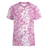 Hawaiian Lei Day Women V-Neck T-Shirt Pink Hibiscus Flowers Lei Art
