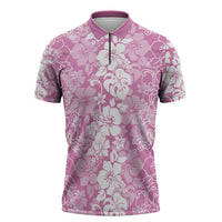 Hawaiian Lei Day Zipper Polo Shirt Pink Hibiscus Flowers Lei Art - Polynesian Pride