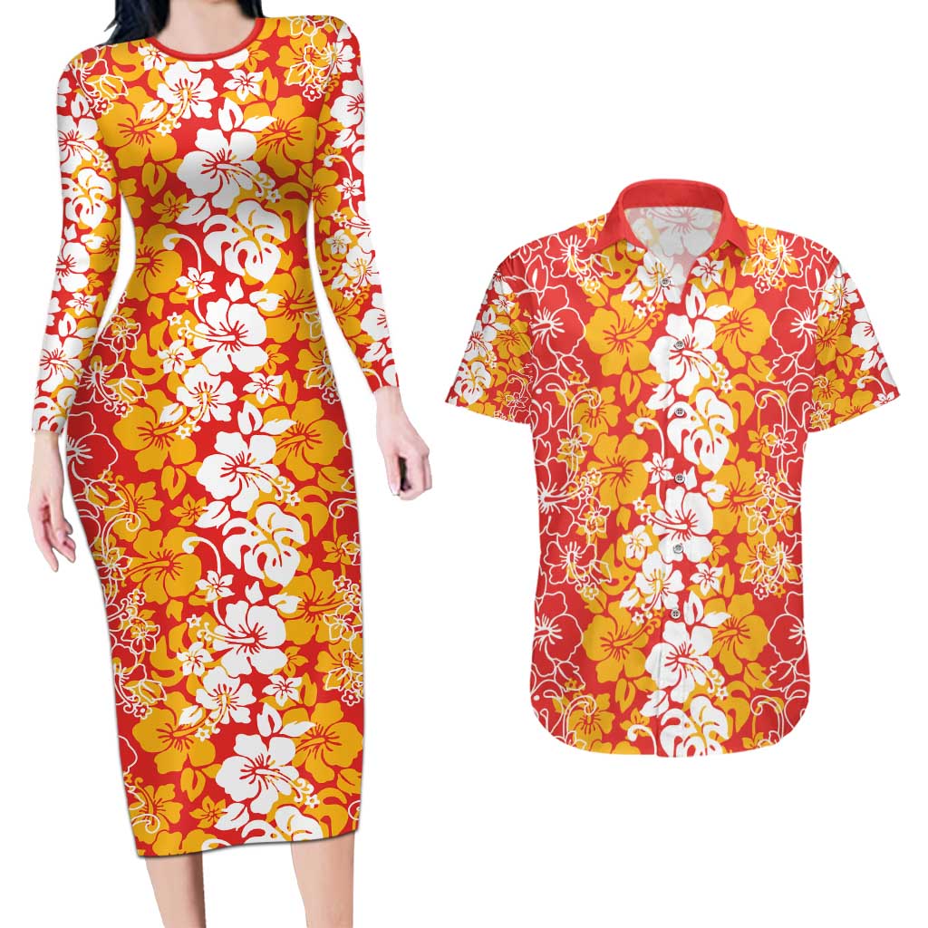 Hawaiian Lei Day Couples Matching Long Sleeve Bodycon Dress and Hawaiian Shirt Red Hibiscus Flowers Lei Art LT9 Red - Polynesian Pride