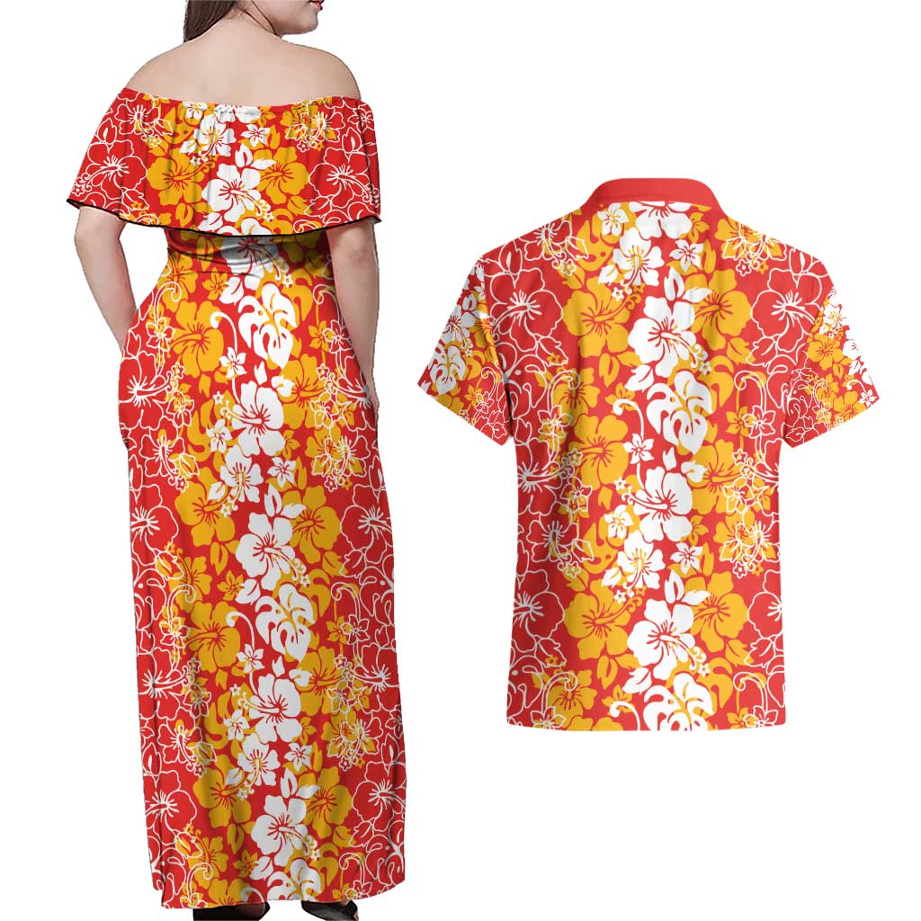 Hawaiian Lei Day Couples Matching Off Shoulder Maxi Dress and Hawaiian Shirt Red Hibiscus Flowers Lei Art