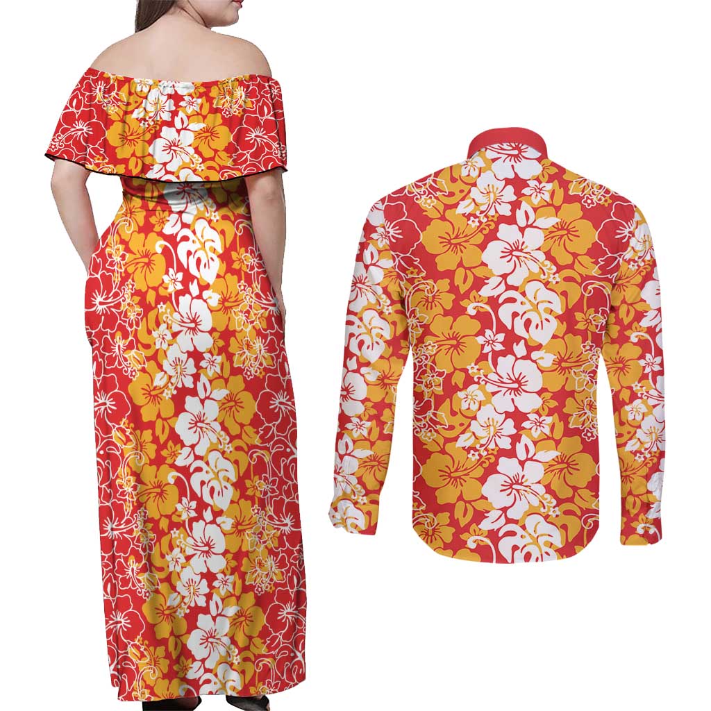Hawaiian Lei Day Couples Matching Off Shoulder Maxi Dress and Long Sleeve Button Shirt Red Hibiscus Flowers Lei Art