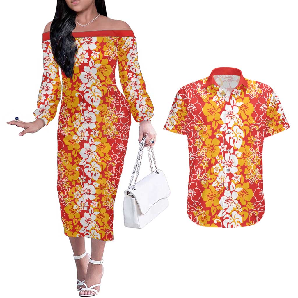Hawaiian Lei Day Couples Matching Off The Shoulder Long Sleeve Dress and Hawaiian Shirt Red Hibiscus Flowers Lei Art LT9 Red - Polynesian Pride