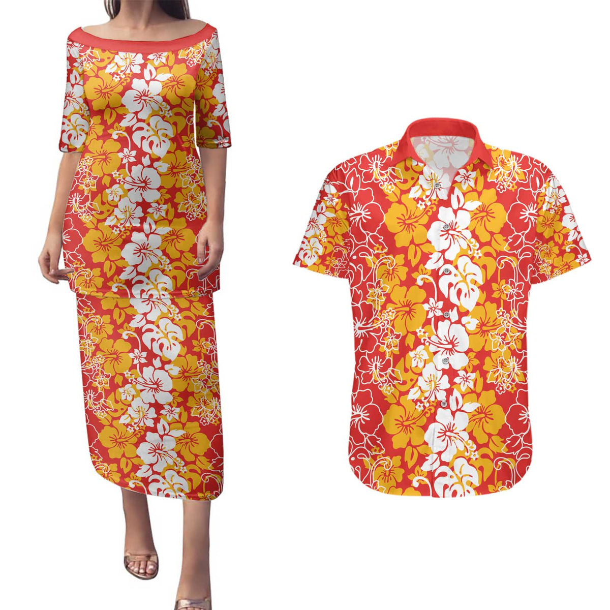 Hawaiian Lei Day Couples Matching Puletasi and Hawaiian Shirt Red Hibiscus Flowers Lei Art