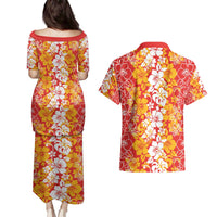 Hawaiian Lei Day Couples Matching Puletasi and Hawaiian Shirt Red Hibiscus Flowers Lei Art