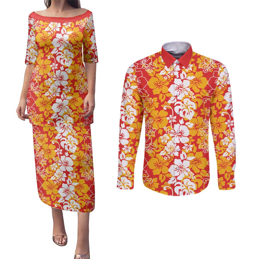 Hawaiian Lei Day Couples Matching Puletasi and Long Sleeve Button Shirt Red Hibiscus Flowers Lei Art