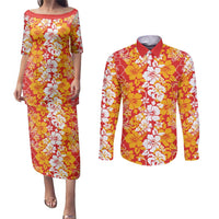 Hawaiian Lei Day Couples Matching Puletasi and Long Sleeve Button Shirt Red Hibiscus Flowers Lei Art