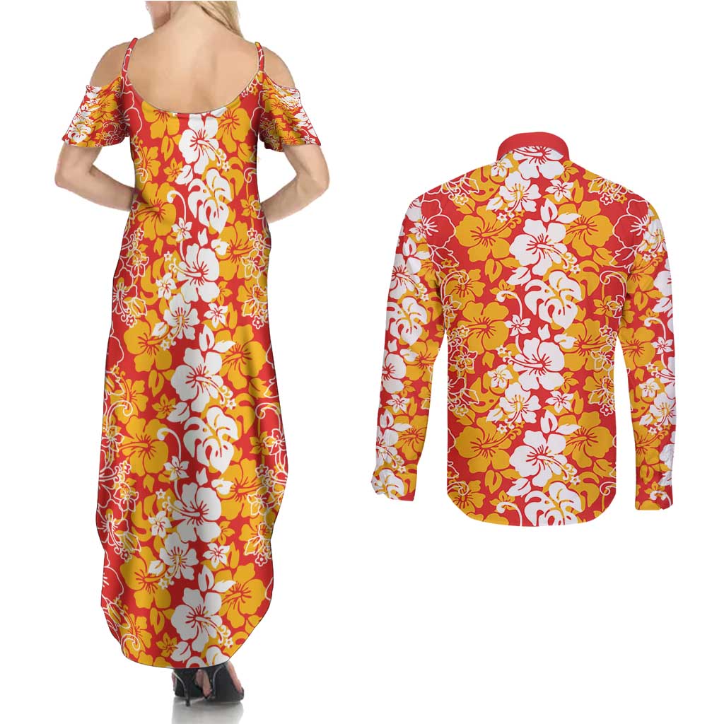 Hawaiian Lei Day Couples Matching Summer Maxi Dress and Long Sleeve Button Shirt Red Hibiscus Flowers Lei Art