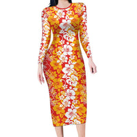 Hawaiian Lei Day Family Matching Long Sleeve Bodycon Dress and Hawaiian Shirt Red Hibiscus Flowers Lei Art LT9 Mom's Dress Red - Polynesian Pride