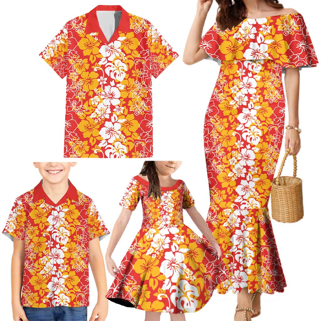 Hawaiian Lei Day Family Matching Mermaid Dress and Hawaiian Shirt Red Hibiscus Flowers Lei Art LT9 - Polynesian Pride