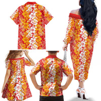 Hawaiian Lei Day Family Matching Off The Shoulder Long Sleeve Dress and Hawaiian Shirt Red Hibiscus Flowers Lei Art LT9 - Polynesian Pride