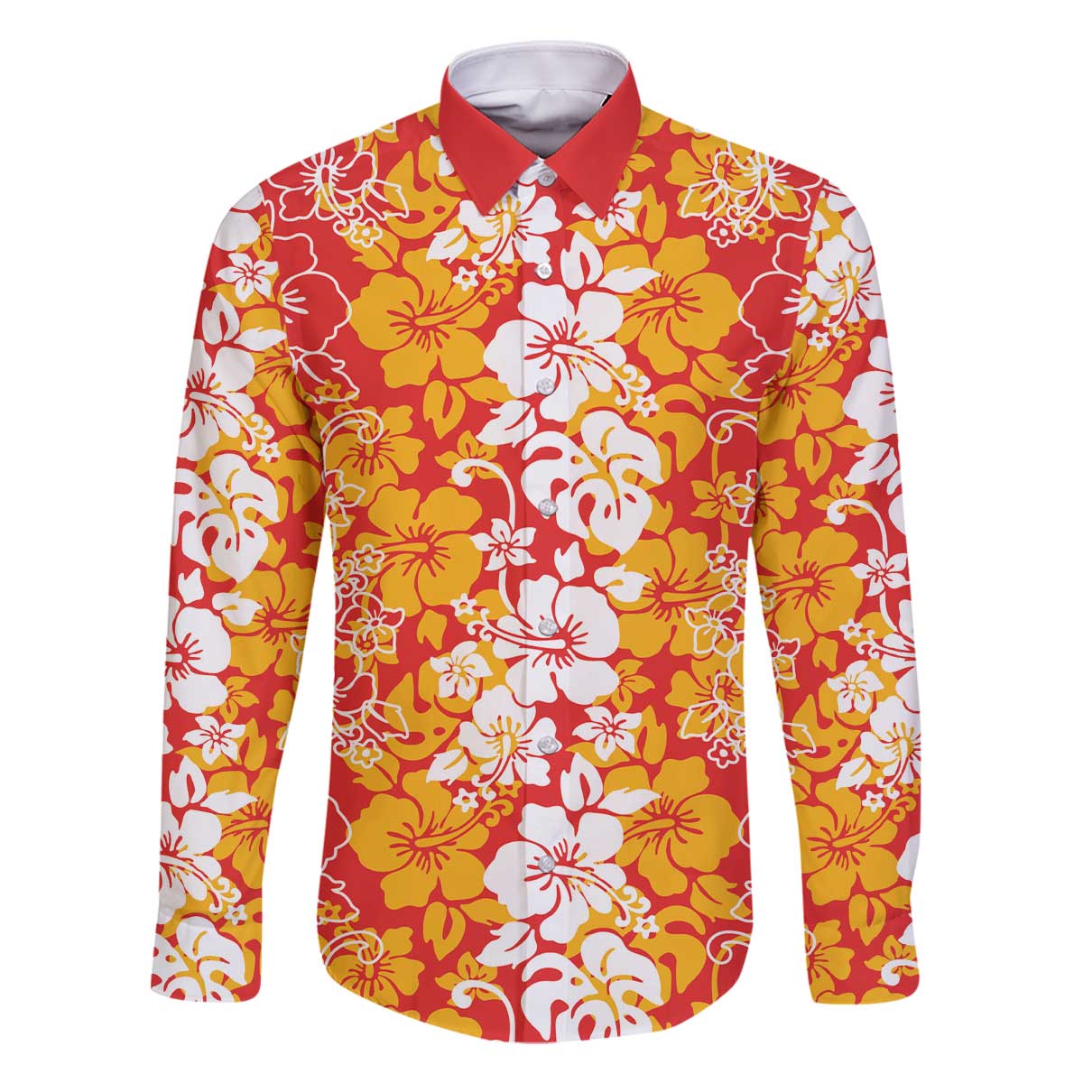 Hawaiian Lei Day Family Matching Off The Shoulder Long Sleeve Dress and Hawaiian Shirt Red Hibiscus Flowers Lei Art LT9 Dad's Shirt - Long Sleeve Red - Polynesian Pride