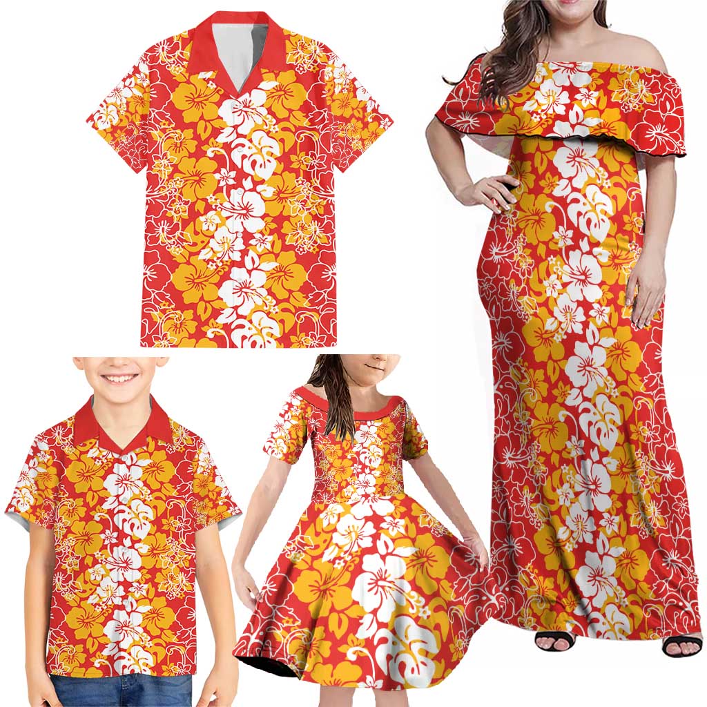 Hawaiian Lei Day Family Matching Off Shoulder Maxi Dress and Hawaiian Shirt Red Hibiscus Flowers Lei Art LT9 - Polynesian Pride