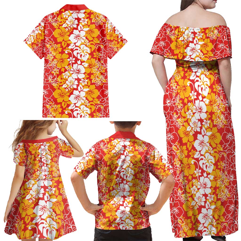 Hawaiian Lei Day Family Matching Off Shoulder Maxi Dress and Hawaiian Shirt Red Hibiscus Flowers Lei Art LT9 - Polynesian Pride