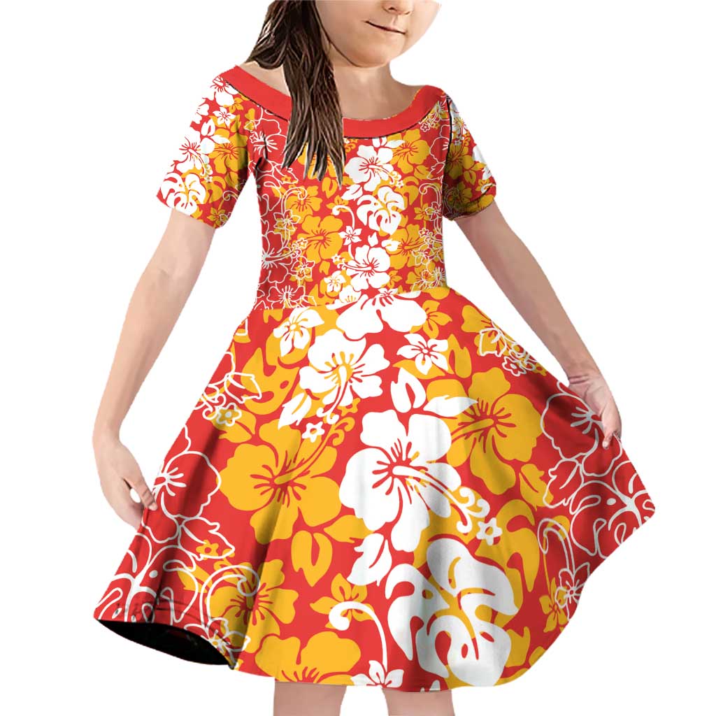 Hawaiian Lei Day Family Matching Off Shoulder Short Dress and Hawaiian Shirt Red Hibiscus Flowers Lei Art LT9 Daughter's Dress Red - Polynesian Pride