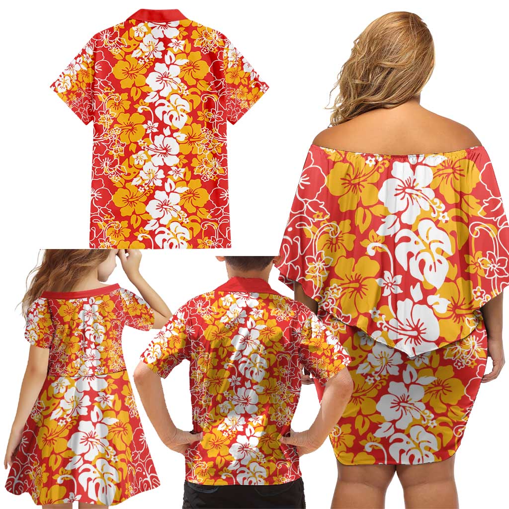 Hawaiian Lei Day Family Matching Off Shoulder Short Dress and Hawaiian Shirt Red Hibiscus Flowers Lei Art LT9 - Polynesian Pride