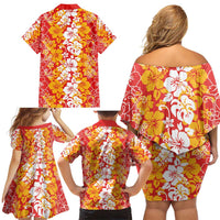 Hawaiian Lei Day Family Matching Off Shoulder Short Dress and Hawaiian Shirt Red Hibiscus Flowers Lei Art LT9 - Polynesian Pride