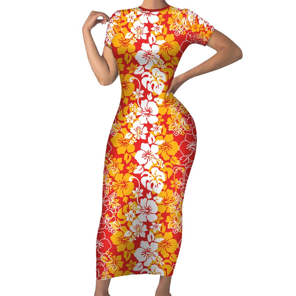 Hawaiian Lei Day Family Matching Short Sleeve Bodycon Dress and Hawaiian Shirt Red Hibiscus Flowers Lei Art LT9 Mom's Dress Red - Polynesian Pride