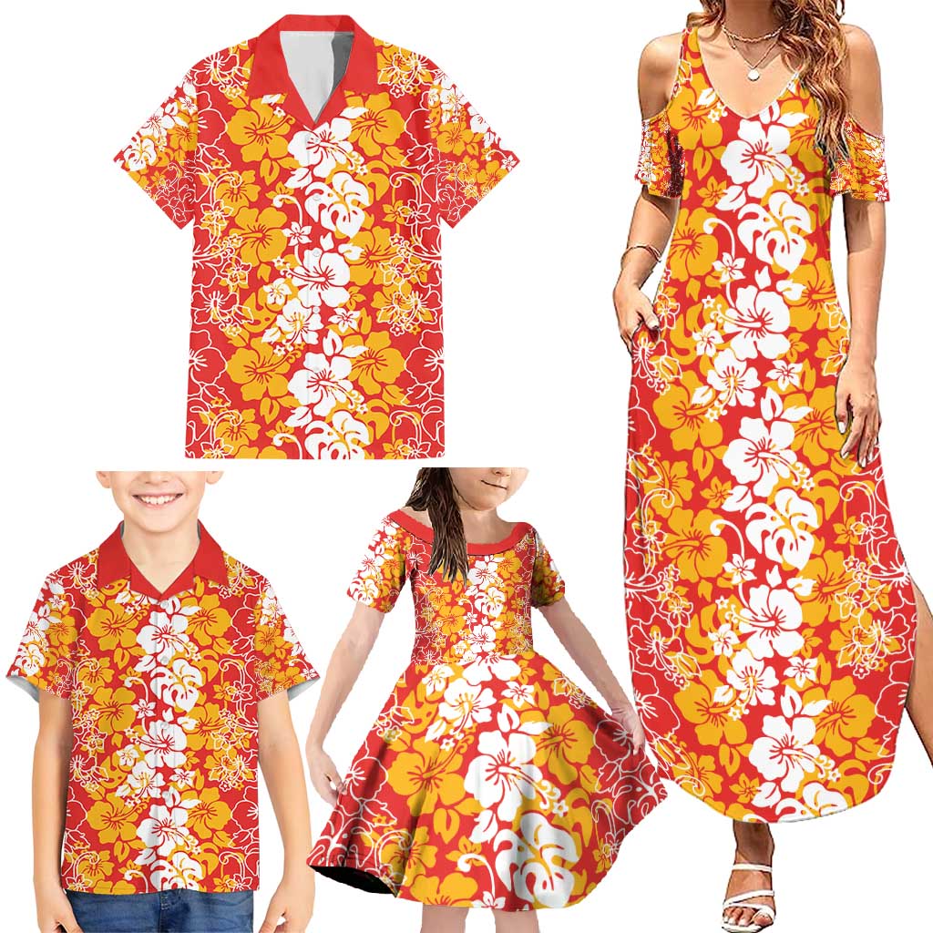 Hawaiian Lei Day Family Matching Summer Maxi Dress and Hawaiian Shirt Red Hibiscus Flowers Lei Art LT9 - Polynesian Pride