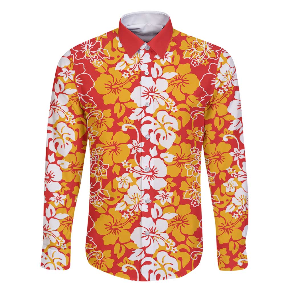 Hawaiian Lei Day Family Matching Summer Maxi Dress and Hawaiian Shirt Red Hibiscus Flowers Lei Art LT9 Dad's Shirt - Long Sleeve Red - Polynesian Pride