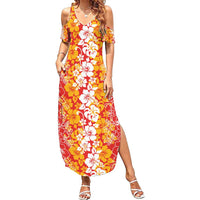 Hawaiian Lei Day Family Matching Summer Maxi Dress and Hawaiian Shirt Red Hibiscus Flowers Lei Art LT9 Mom's Dress Red - Polynesian Pride