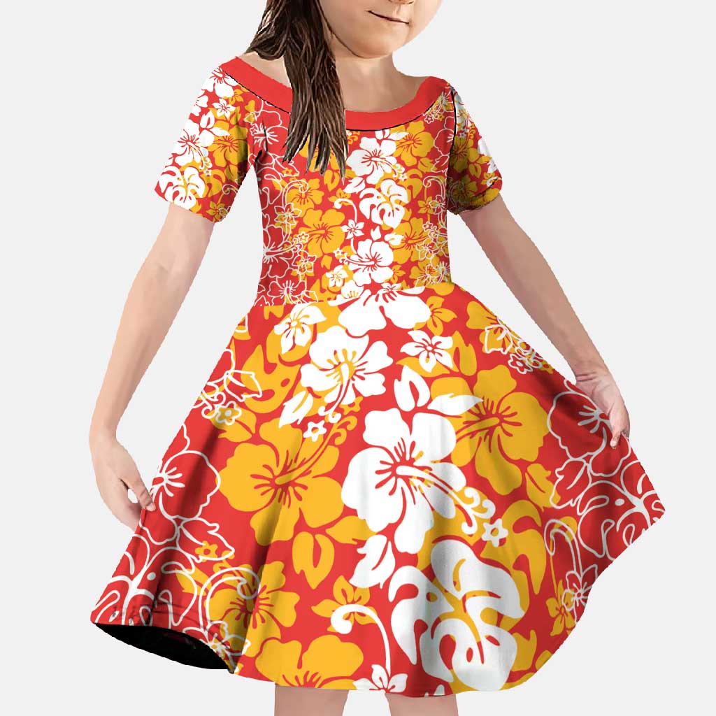 Hawaiian Lei Day Family Matching Tank Maxi Dress and Hawaiian Shirt Red Hibiscus Flowers Lei Art LT9 Daughter's Dress Red - Polynesian Pride