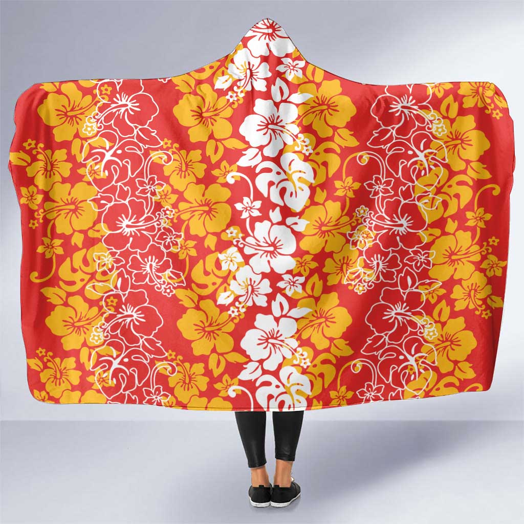 Hawaiian Lei Day Hooded Blanket Red Hibiscus Flowers Lei Art LT9 One Size Red - Polynesian Pride