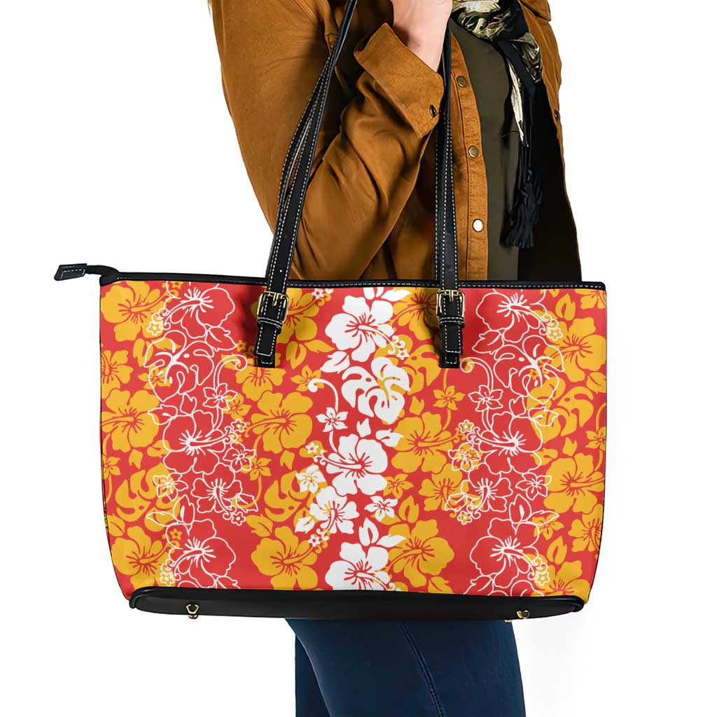 Hawaiian Lei Day Leather Tote Bag Red Hibiscus Flowers Lei Art