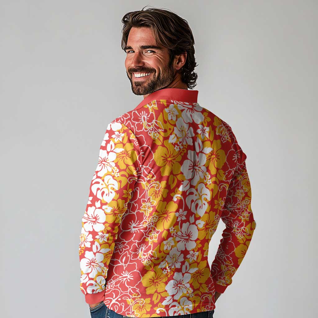 Hawaiian Lei Day Long Sleeve Polo Shirt Red Hibiscus Flowers Lei Art