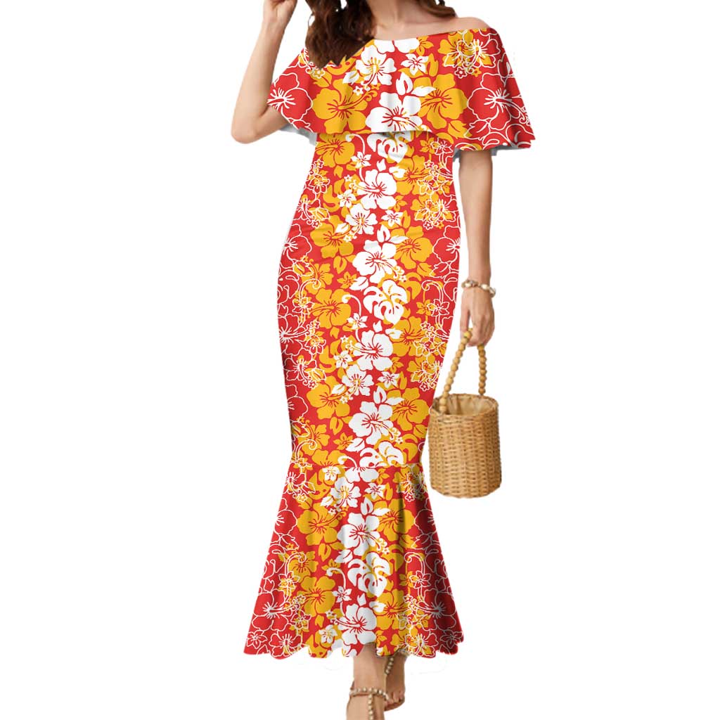 Hawaiian Lei Day Mermaid Dress Red Hibiscus Flowers Lei Art
